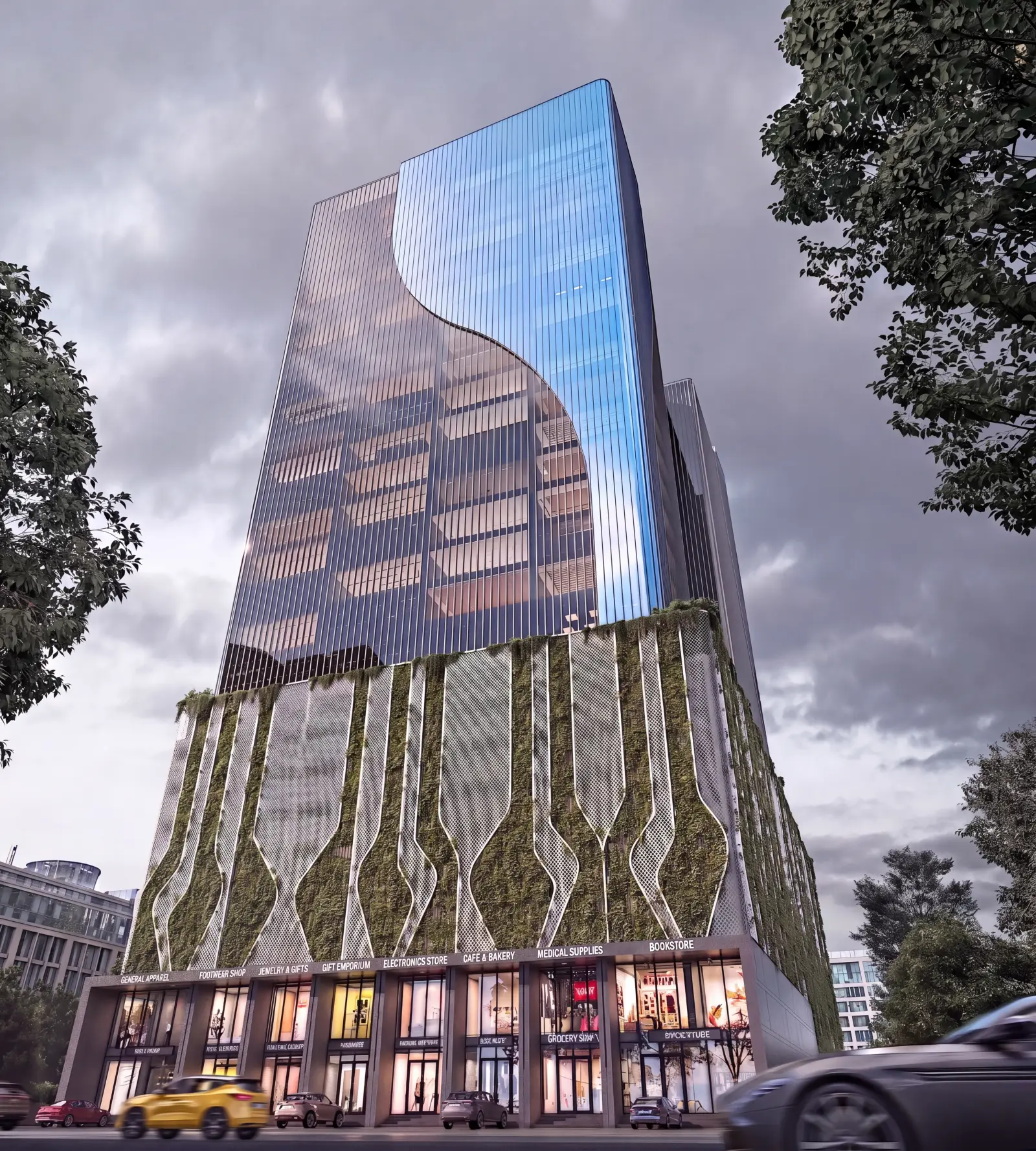Office tower above a green-walled retail podium, Nerul MIDC