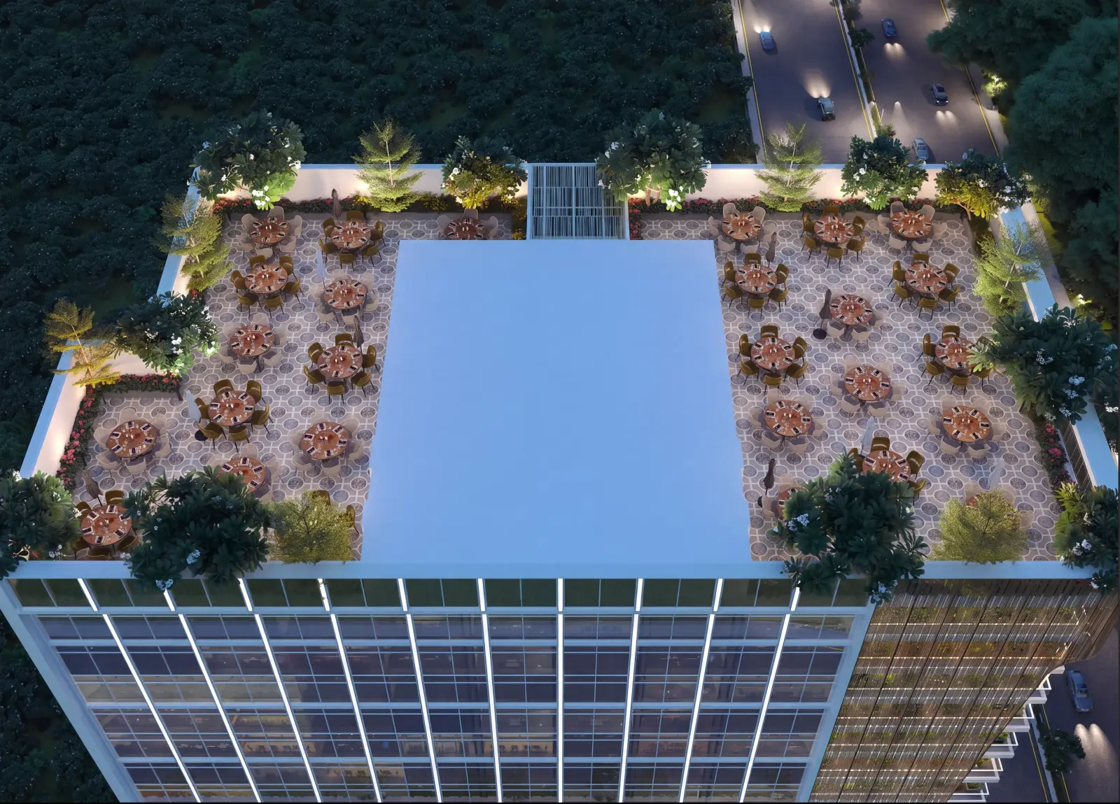 Rooftop terrace seating above an office tower, Vashi